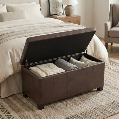 SIMPLIHOME Dover Storage Ottoman Bench - 36 inch Wide Upholstered Vegan Leather Rectangular Lift-Top Ottoman in Distressed Brown, Contemporary Bench for Living Room with Safety Hinges - color: Distressed Brown