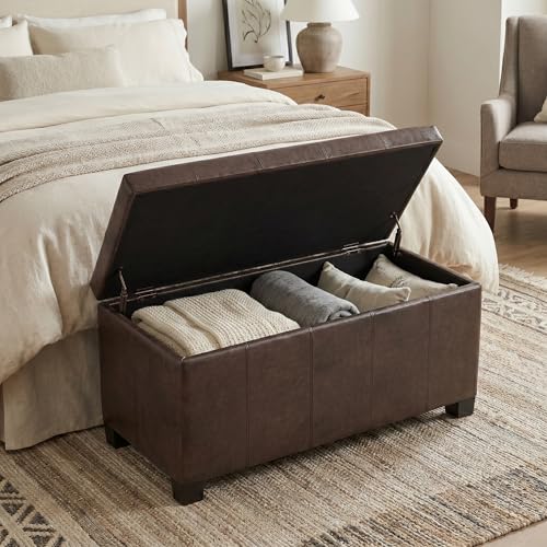SIMPLIHOME Dover Storage Ottoman Bench - 36 inch Wide Upholstered Vegan Leather Rectangular Lift-Top Ottoman in Distressed Brown, Contemporary Bench for Living Room with Safety Hinges - color: Distressed Brown
