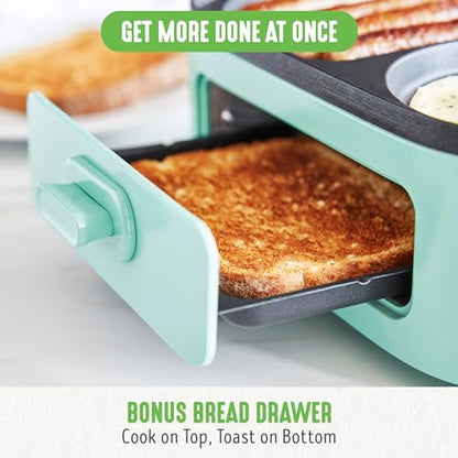 GreenLife 3-in-1 Breakfast Maker Station, Healthy Ceramic Nonstick Dual Griddles for Eggs Meat Sausage Bacon Pancakes and Breakfast Sandwiches, 2 Slice Toast Drawer, Easy-to-use Timer, Turquoise - color: Turquoise