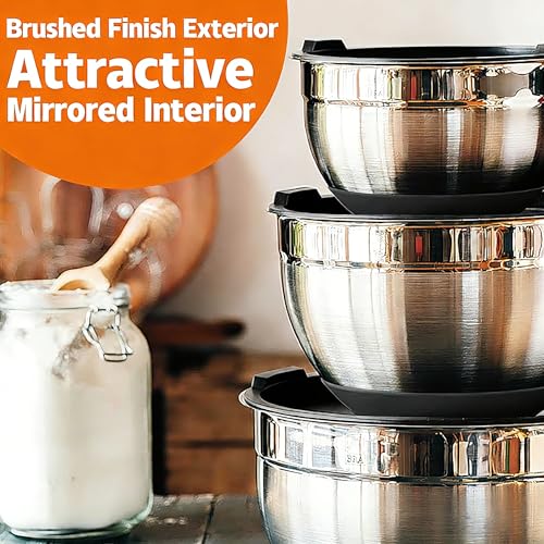 Thickened Heavy-Duty 26pcs Stainless Steel Bowl, Mixing Bowl Set with Lid, Grater Attachment, Non-Slip Bottom and Kitchen Gadget Set, Sizes 7, 4, 2.5, 2.0, 1.5, 1QT, Ideal for Mixing and Serving - color: Carbon Black