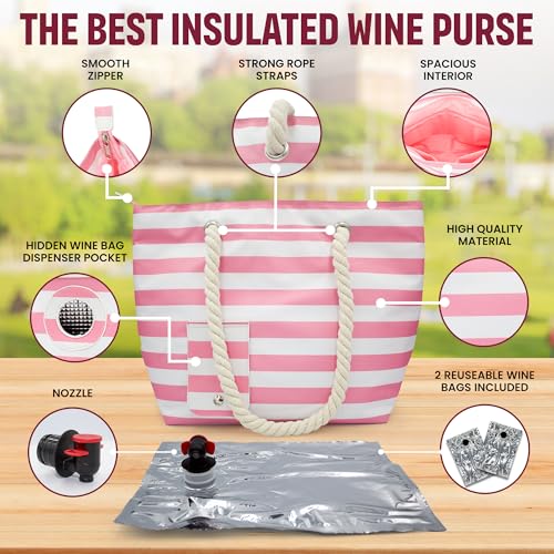 Sneaky Booze Wine Purse Tote Bag Cooler With Hidden Spout Alcohol Dispenser Insulated Flask Holds 2 Bottles Easy Pouring Durable Stylish Portable Carrier Design For Traveling Picnics Parties Beach