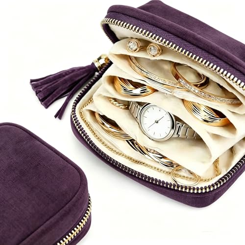 Small Travel Jewelry Pocket Case with Zipper for Women | 6-Layer Soft Velvet Organizer Pouch, Anti-Scratch Portable Bag for Bracelets, Rings, Earrings & Necklaces, Use&Gift (Purple) - color: Purple