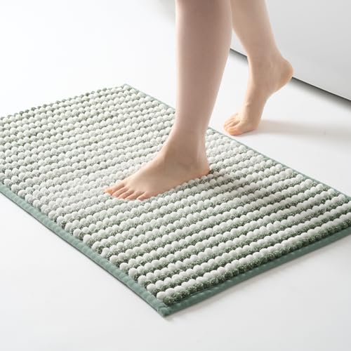FRESHMINT Chunky Ombre Chenille Bathroom Rug 20"x32", Water Absorbent Soft Bath Rugs for Bathroom Floor, Thick Non Slip Bath Mat Washable Quick Dry Shower Mats, Sage Green and White - color: Sage Green+white, size: 32" x 20" (Rectangular)