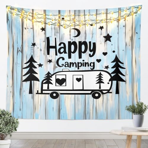 Feelyou Camper Tapestry Large 59"x82" RV Camping Wall Hanging Blanket Happy Camping Wall Art for Living Room Bedroom Decoration Farmhouse Trailers Camper Vintage - color: Blue Black, size: Large