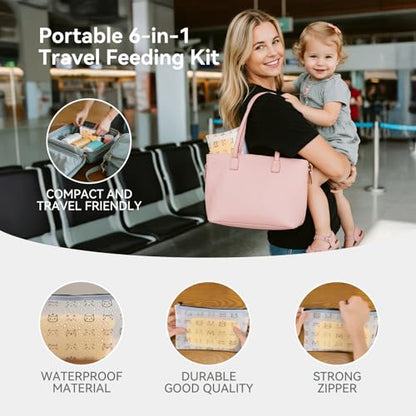 Baby Travel Essentials 6 Pc Feeding Set - Cute Cat Toddler Plates with Suction, 304 Stainless Steel Spoon & Fork, Foldable Silicone Bib in Travel Case - BPA-Free Airplane Travel Gear (Pale Yellow) - color: Pale Yellowe