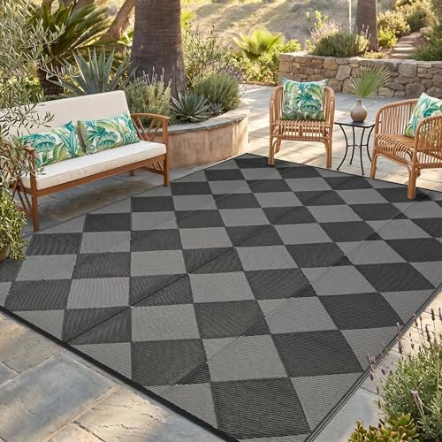 IDEALHOUSE Outdoor Rug, Reversible Waterproof Plastic Patio Mat, UV Resistant Large Floor Mat with Carry Bag, Portable RV Mat for Camping, Picnic, Backyard, Black & Grey Checkered, 8' x 10' - color: Black/Gray, size: 8' x 10' (Rectangular)