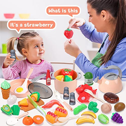 CUTE STONE Toy Kitchen Accessories Set, Play Food Sets for Kids Kitchen, Kids Cooking Sets with Play Pots and Pans, Utensils Cookware Toys, Toddler Kitchen Playset, Play Kitchen Toy for Girls Boys - style: Pink Cooking Set
