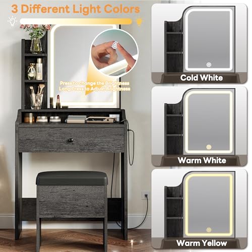 LIKIMIO Small Makeup Vanity Desk with Mirror and Lights, Vanity Table Set with Storage Drawer, Chair and Three Shelves, Bedroom, Charcoal Grey - color: Charcoal Grey