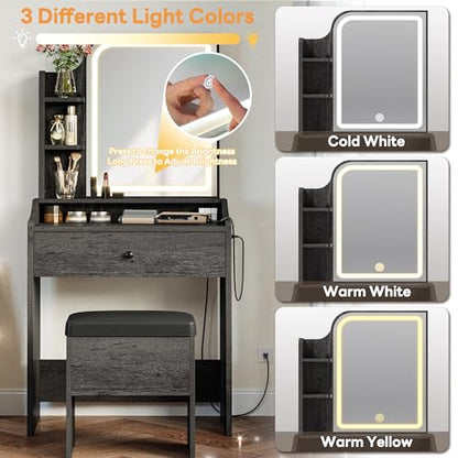 LIKIMIO Small Makeup Vanity Desk with Mirror and Lights, Vanity Table Set with Storage Drawer, Chair and Three Shelves, Bedroom, Charcoal Grey - color: Charcoal Grey