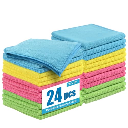 Microfiber Cleaning Cloth, 24 Pack, 12x12 Inch, Assorted Colors | Reusable Super Absorbent Soft For Kitchen House Window Glass Bathroom Countertop - color: Assorted