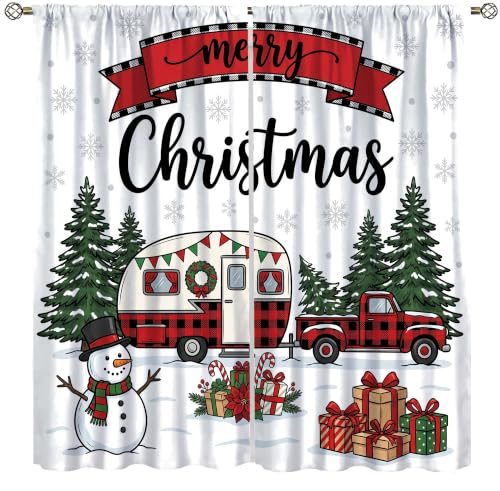 Christmas Camper RV Curtain,Cartoon Black and Red Buffalo Check Plaid Farmhouse Truck Snowman Camping Printed Rod Pocket Window Treatments for Bedroom Living Room Decor 42" W X 45" L - color: Camping-17, size: 20.5"W x 45"L (Pack of 2)