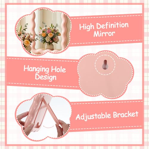 Pink Mirror, 6.9 * 5.3 Inch Small Mirror for Desk, Wave Shaped Personal Mirrors, Portable Folding Mirrors for Standing Hanging for Women, Offices and Bedrooms