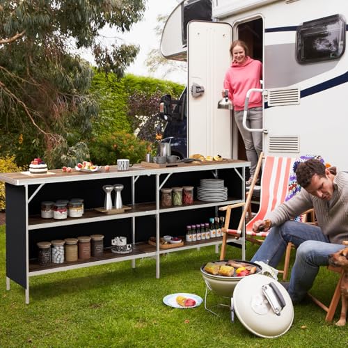 COSTWAY 81" Folding Picnic Table, Portable Bar Table with Carry Bag, Lightweight Aluminum Food Prep Station with 2 Shelves, Quick Set-up, BBQ, Party, Backyard, Brown - color: Brown, size: 81"W x 32.5"H