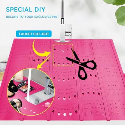 BRIAN & DANY Makeup Mat for Sink, Bathroom Sink Cover for Counter Space, Foldable Silicone Sink Mat Organizer Countertop RV Space Saver, Pink, 19.3" x 15.5" - color: Pink