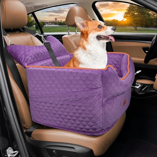 Dog Car Seat - Memory Foam Dog Booster Seat for Small Dogs Up to 25lbs-Elevated Pet Car Seat with Storage Pockets and Dog Seat Belt-Soft Pet Travel Bed for Front & Back Seats-Removable Washable-Purple - color: Purple