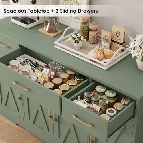 HOSTACK Buffet Sideboard Cabinet with Drawers, 55" Large Buffet Storage Cabinet with Shelves and Doors, Modern Farmhouse Coffee Bar Station for Kitchen, Dining Room, Green - color: Green