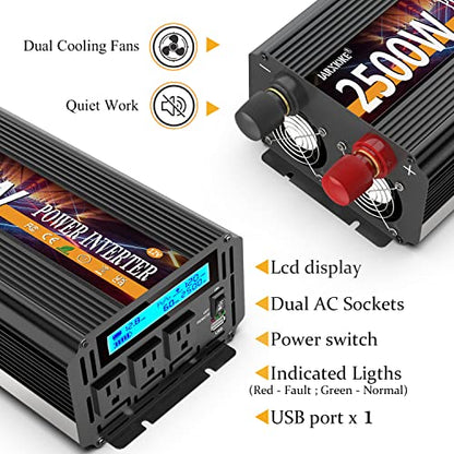2500W Power Inverter 12V DC to AC 110V/120V (Peak) 5000W Converter 3 sockets car Inverter with Remote Control and LED Display 3.4A USB Port - size: 12v-2500W