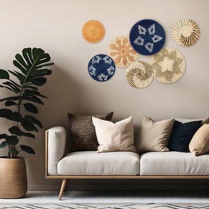 Xuhal 8 Pcs Boho Wall Basket Decor Decorative Bulrush Woven Basket Wall Decor Rustic Farmhouse Hanging Baskets for Kitchen Rustic Home Summer Decorations - style: Modern