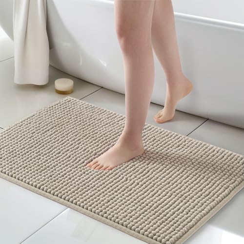 FRESHMINT Thick Chunky Chenille Bath Rugs 24"x36", Non Slip Bath Mat, Soft Bathroom Decor, Cute Shower Mat, Water Absorbent, Washable, Beige - color: Beige, size: 36" x 24"