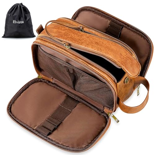 Elviros Toiletry Bag for Men, Large Travel Shaving Dopp Kit Water-resistant Bathroom Toiletries Organizer PU Leather Cosmetic Bags Fathers Day Gift (Medium, Brown) - color: Brown, size: Medium (Pack of 1)