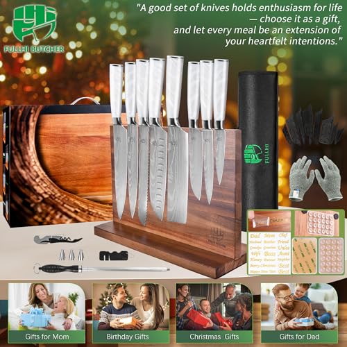 FULLHI 15pcs Japanese Knife Set with Magnetic Knife Block Holder, Stainless Steel Blades, White Resin Ergonomic Handles for Professional and Home Cooking - color: White, size: Magnetic Block Knife set