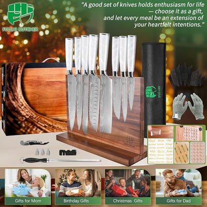 FULLHI 15pcs Japanese Knife Set with Magnetic Knife Block Holder, Stainless Steel Blades, White Resin Ergonomic Handles for Professional and Home Cooking - color: White, size: Magnetic Block Knife set
