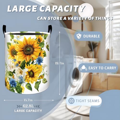 Vibrant Sunflower and Blue Daisy Laundry Basket with Handles, 19.7"x15.7" Clothes Foldable Laundry Hamper Organizer for Dorm Nursery Bedroom Bathroom Decor, Toy Storage Bin for Kids - style: Sunflower32