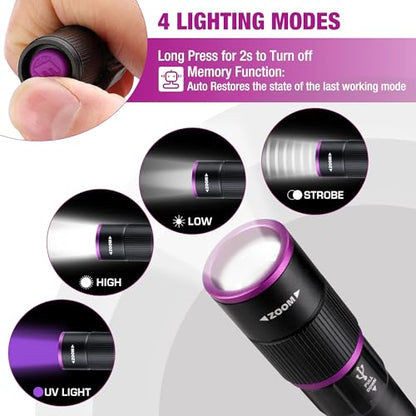 EverBrite Rechargeable Pen Flashlight with UV Light and White Light, 395nm Black Flashlight with Clip, Zoomable 4 Modes with Memory Function, USB C Cable, for Camping, Emergency, Pet Urine Detection - color: Black