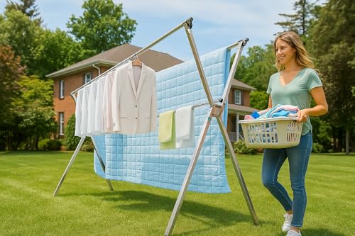 Clothes Drying Rack Folding Indoor Outdoor, Foldable Portable Laundry Drying Rack, Heavy Duty Laundry Hanger Dryer Rack with 20 Hooks - size: 65.55 inches