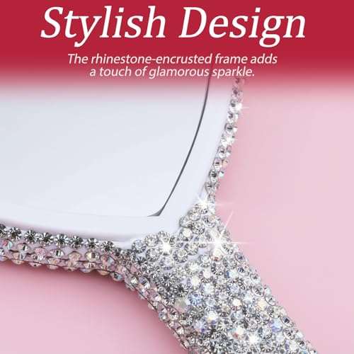 Rhinestone Handheld Mirror, Heart Shaped Hand Mirror Glitter Cosmetic Portable Cute Travel Makeup Lash for Women Wedding Silver White