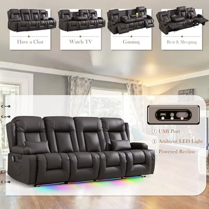 TUNYI Power Loveseat Recliner Sofa with Massage & Heat Home Theater Seating with Console RV Recliner Loveseat Sofa with USB/Storage/Side Pocket/LED Light/Speaker (Brown, 4 Seat) - color: Brown, size: 4 Seat