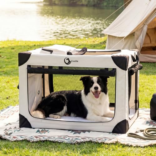 Portable Collapsible Dog Crate for Large Dogs, 4 Mesh Doors & 2 Storage Bags, Indoor Outdoor Travel Dog Kennel, Grey, 36" x 25" x 25" - color: Grey, size: L(36"x25"x25")