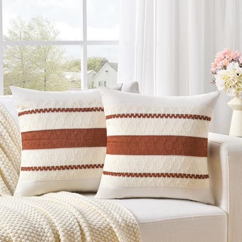 Fancy Homi Set of 2 Rust Boho Decorative Throw Pillow Covers 18x18 Inch for Couch Bed Sofa, Aesthetic Modern Organic Fall Room Decor, Soft Cotton Cute Terracotta Textured Farmhouse Cushion Case - color: Rust, size: 18" x 18" (Pack of 2)