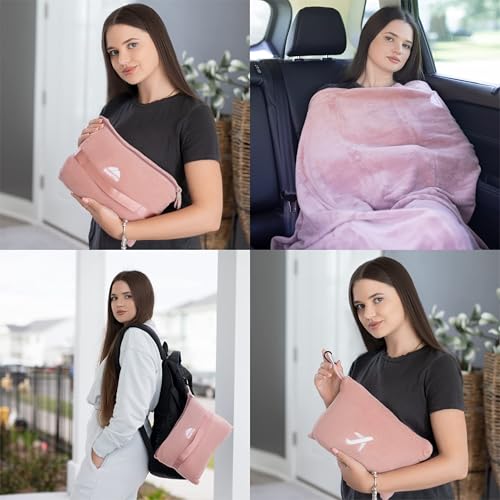 BlueHills 2 Pack Travel Blanket Pillow in Mini Soft Case Premium Plush Airplane Blankets Soft Bag Compact with Luggage Belt and Backpack Clip Small Traveling Pillows Lightweight Accessories - Pink M22 - color: Pink-2pk-m22