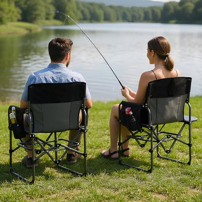 Oversized Camping Directors Chair, Portable Folding Lawn Chairs for Adults Heavy Duty with Side Table, Outdoor Foldable Camp Chair with Pocket for Beach, Fishing, Picnic, Outdoor Foldable Camp Chair