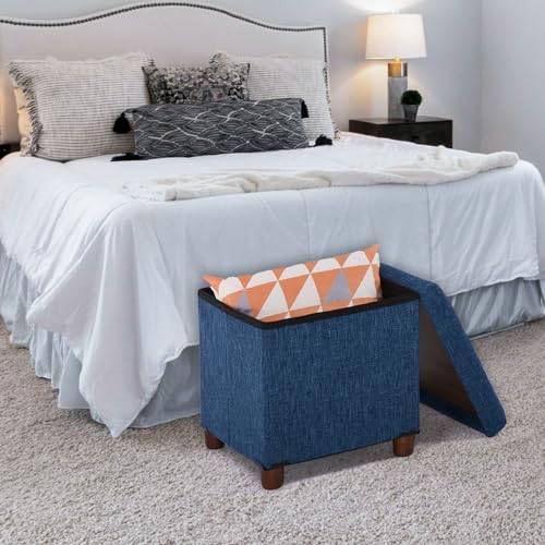 15 Inch Storage Ottoman with Wooden Legs - Cube Foot Rest Stool, Square Footstool, Comfortable Seat with Lid, Foldable Fabric Ottoman, Space-Saving Navy - color: Squ Blue