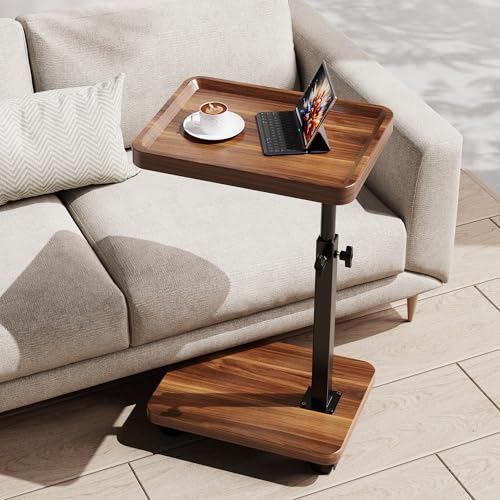C Table End Table Adjustable Height, 360°Swivel TV Tray Table for Small Spaces, Side Tables with Wheels for Living Room and Bedroom, Bed (Walnut) - color: Walnut-height Adjustable