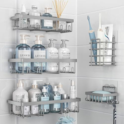 Liuoud 5 Pack Shower Caddy Organizer Rack Shelf for Inside Shower, Self Adhesive Bathroom Wall Storage Basket Rustproof Stainless Steel Large Capacity Shampoo Holder, Grey - color: Grey