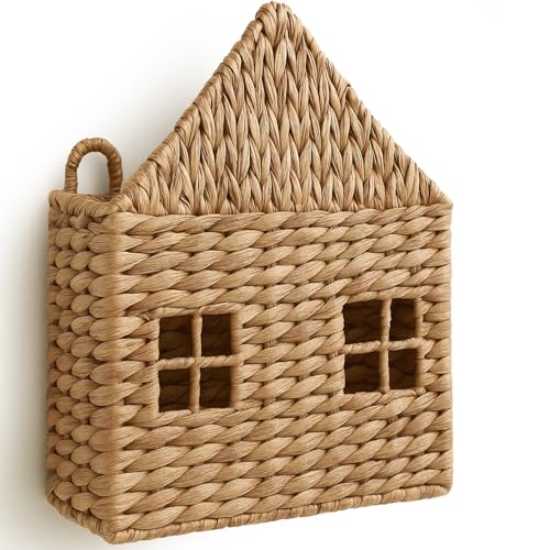 Wicker Magazine Holder Wall Basket Hanging Wall Mount Mail Rack Holder Storage Water Hyacinth House Shaped Woven Hanging Basket for Books & Files with Handle Home Office, 13.8 x 11 Inch