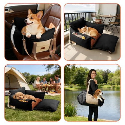 Dog Car Seats for Small Dogs, 2-in-1 Pet Booster Seat with Side-Zip Expandable Bed, Handles and a Storage Pocket, Clip-On Safety Leash and PP Cotton Filling, Vehicle Bed for Puppy up to 25 lbs (Black) - color: Black
