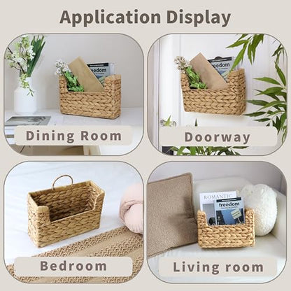 GYASVWU Water Hyacinth Hanging Basket with Handle, Woven Wall Baskets Storage, Wicker Front Door Basket, Wall Mounted Organizer, Farmhouse Baskets for Flowers/Magazine/Fruit Storage (Water Hyacinth)