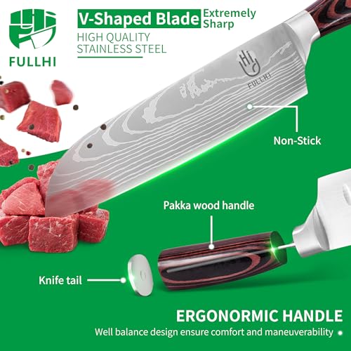 FULLHI 15pcs Japanese Knife Set with Magnetic Knife Block Holder, Japan Stainless Steel Blades, Ergonomic Handles for Professional and Home Cooking（Coffee wood, Magnetic Block Knife Set) - color: Coffee wood, size: Magnetic Block Knife set