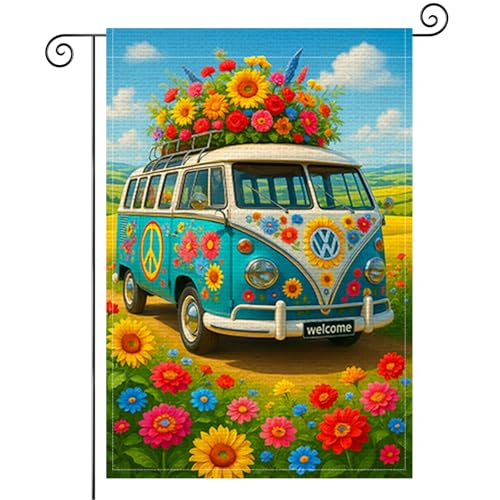 BlissYard Welcome Hippie Van Garden Flag 12x18 Inch Double Sided VW Flower Power Burlap Garden Flag Rustic Farmhouse Yard Outdoor Small Banner for Porch Patio Lawn Spring Summer Decoration - color: Welcome Hippie Van Garden Flag