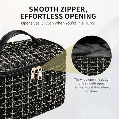 Makeup Bag, Luxury Tweed Cosmetic Bag for Women, Large Capacity Toiletry Bag Portable Organizer Pouch with Handle