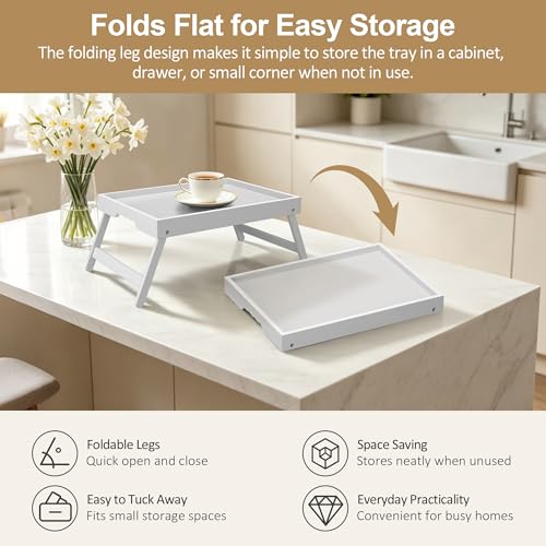 Large Breakfast Tray with Folding Legs Set of 2, 16.9" x 12.2" Bamboo Bed Tray Table with Ergonomic Wave Handles, Foldable TV Dinner Tray for Bed Couch Sofa, Breakfast, Laptop, Coffee,White - color: White, size: Large