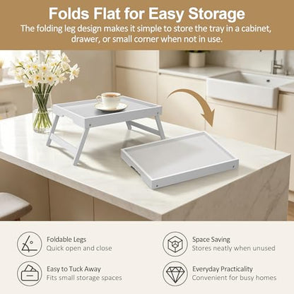 Large Breakfast Tray with Folding Legs Set of 2, 16.9" x 12.2" Bamboo Bed Tray Table with Ergonomic Wave Handles, Foldable TV Dinner Tray for Bed Couch Sofa, Breakfast, Laptop, Coffee,White - color: White, size: Large