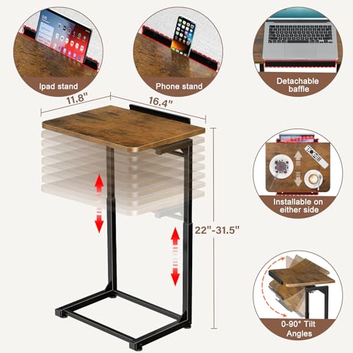 IHAITUN Tv Tray Table, Adjustable Height Couch Narrow Side Table,90° Tilt Angle Foldable End Table, Laptop Table with Phone & Tablet Slot Dinner Tray Desk for Living Room Table Sets (Brown) - size: 1 Pack