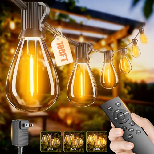 100FT LED Outdoor String Lights with Remote, One Continuous Strand Patio Lights with 35+1 Shatterproof S11 Bulbs, Dimmable 2200K Warm White, Timer & 3 Modes, Low Voltage for Backyard Garden - color: Warm Yellow-2200K, size: 100FT