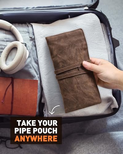 BS-VOG Waxed Canvas Tobacco Pouch for 2 Pipes, Smoking Tobacco Pipe Pouch with Foldable Stand, Smoking Case Bag Accessories Storage Organizer for Travel, Daily Use & Gift (Pipes Not Included)
