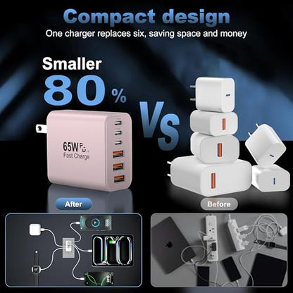 65W USB C Charger Block,6-Port Multi Device Fast Charger PD QC Wall Adapter | GaN technology saves space and reduces heat,ideal for home,office,travel,wide compatibility for iphone and USBC devices（Pink - color: Pink
